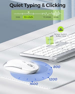 Ergonomic white and silver wireless mouse displayed alongside its compact nano USB receiver for clean desk setups.