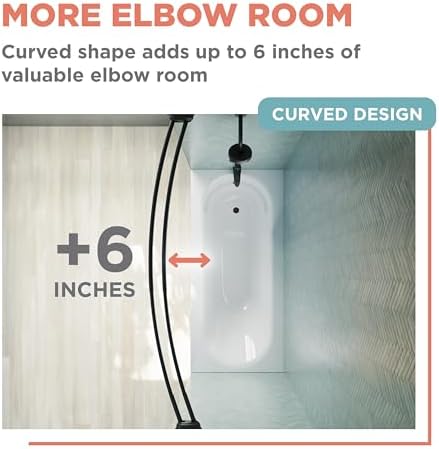 Matte black curved shower rod side profile showing elbow room