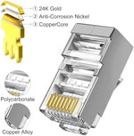 Close up of gold plated three prong contacts on shielded pass through network jacks