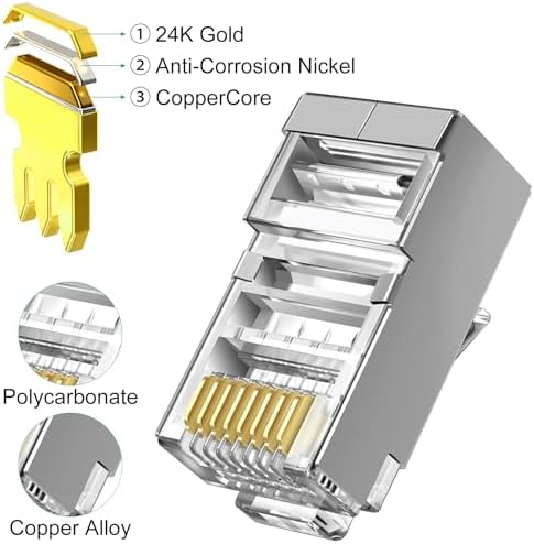 Close up of gold plated three prong contacts on shielded pass through network jacks