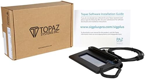 Topaz Systems 1x5 signature tablet with its attached stylus accessory package contents.