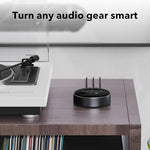 WiiM Mini multiroom stereo device rear view highlighting optical digital output and auxiliary ports.