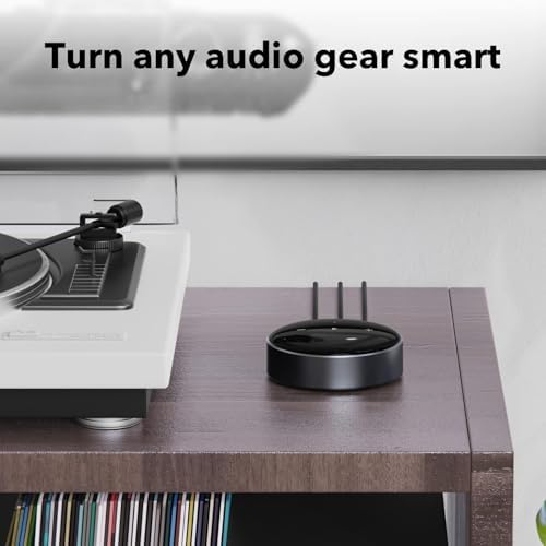 WiiM Mini multiroom stereo device rear view highlighting optical digital output and auxiliary ports.