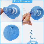 Clear plastic hooks being attached to the top loop of the blue ceiling garland.