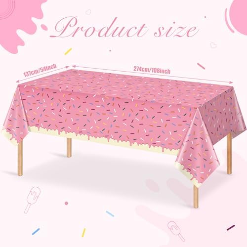 Pink ice cream themed rectangle table cover spread across a large party table