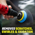 ExoForma car polishing compound bottle next to the drill attachment backing plate and foam pad.