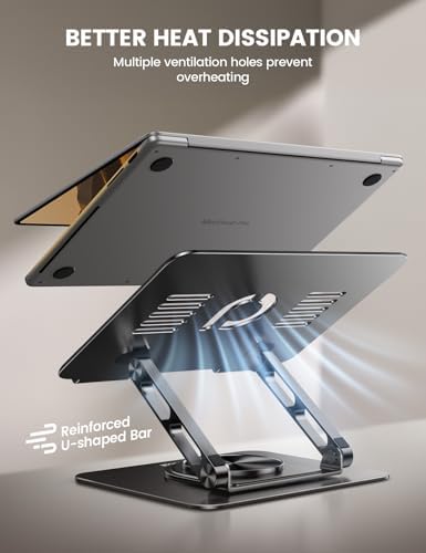 Side view angle of adjustable workstation riser holding a thin pro laptop.