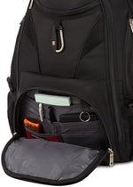 Detailed shot of the rugged plastic ergonomic carry handle and heavy duty zippers on the SwissGear 1900 pack.