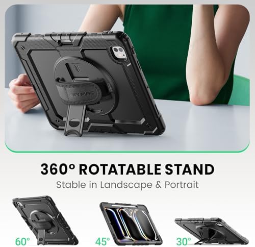 SEYMAC for iPad Pro 13 Inch Case 2024 M4 (7th Gen), Heavy Duty Shockproof Protective Case with Screen Protector, 360° Rotating Stand, Hand/Shoulder Strap and Pen Holder for iPad Pro 13 2024, Black - Image 5