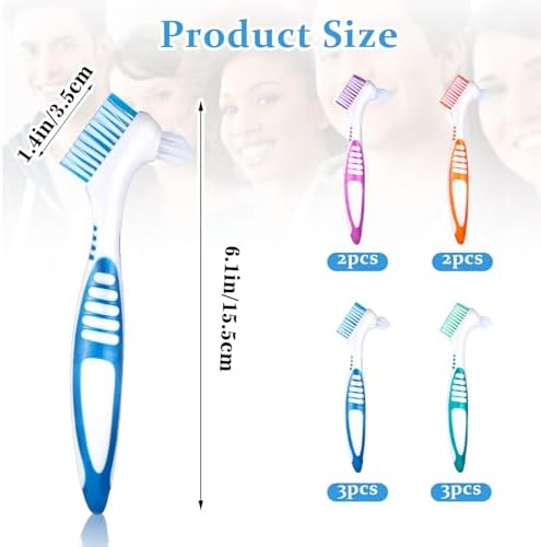 Double sided false teeth toothbrush featuring large surface head and tapered crevice head.