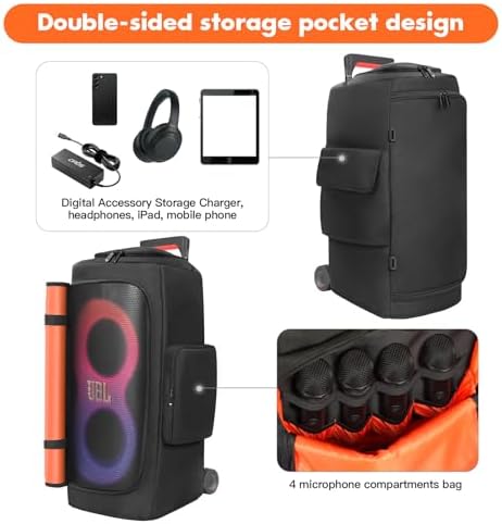 MRINCA speaker cover open-bottom view highlighting compatibility with speaker wheels and telescopic handle