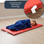 Children's Factory vinyl folding sleep mat showing the clear personalized name tag holder