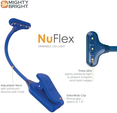 Mighty Bright flexible silicone gooseneck book light showing warm LED illumination