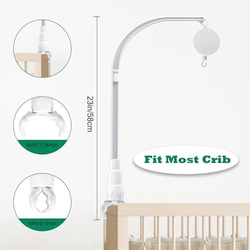 LIUDHPSP white nursery mobile arm attached to a wooden baby crib rail showing the secure grip setup