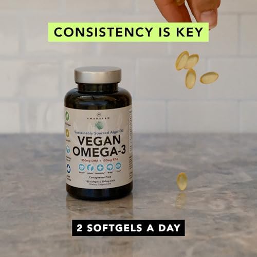 AMANDEAN algae oil supplement bottle showcasing clean ingredients for heart brain eye and skin health support.