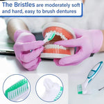 Individually wrapped multi color denture care brushes for clean travel storage.