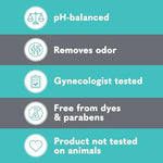 pH-balanced feminine body wash for active women showing the clear bottle packaging