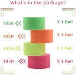 DIY crafts including paper flowers and garlands made from lightweight neon crepe paper rolls