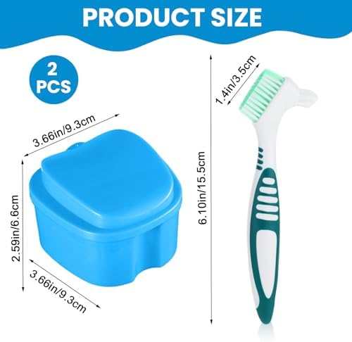 2 Pack Denture Brush Denture Bath Case Cup Retainer Cleaner Holder Box False Teeth Soaking Container Dental Bath Storage Box Case with Strainer Basket for Travel, Camping, Office (Blue+Pink) - Image 3