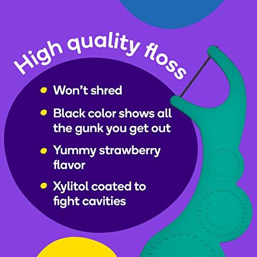 BURSTkids dental floss picks with smiley face design for easy handling.