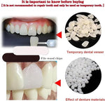 The content layout of the VEZE temporary dental replacement kit including fake teeth veneers and thermal granules.