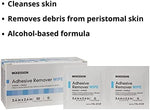 Alcohol based medical adhesive remover wipe being used to clear bandage residue.