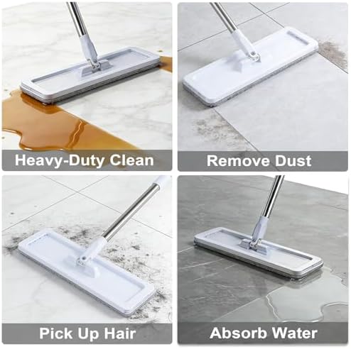360 degree rotating flat mop head cleaning under furniture and in tight corners.