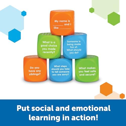 Blue social skills prompts on educational dice designed for peer problem solving and empathy building.