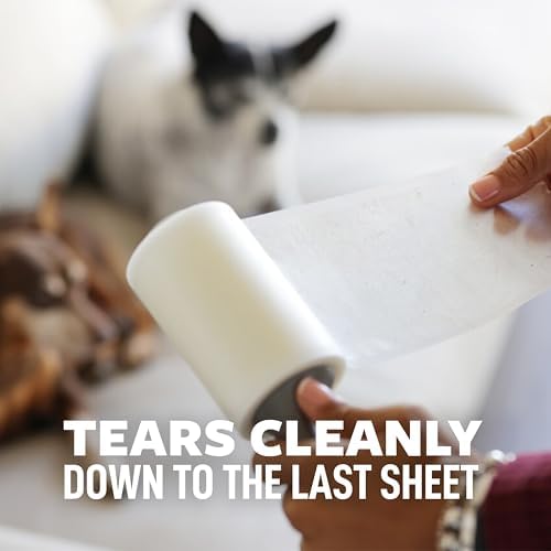 Scotch-Brite pet hair roller being used on car upholstery to remove crumbs and sand.