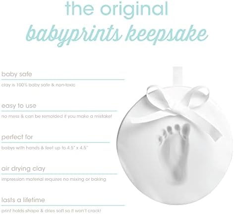 Pearhead babyprints hanging keepsake showcasing the rolling pin and plastic shaping ring accessories.