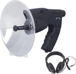 CYSFETENA parabolic microphone side view highlighting the ergonomic non-slip handle and headphone connection.