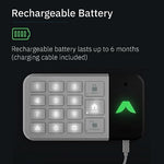 Rechargeable wireless keypad displaying home and away security control buttons.