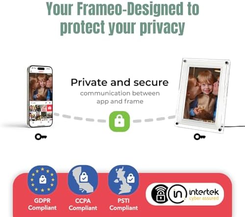 AMABOO digital picture frame rear view highlighting the detachable tabletop stand, wall mounting slot, and memory expansion ports.