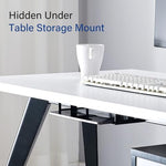 Heavy duty powder coated black metal laptop brackets with ventilation air holes.