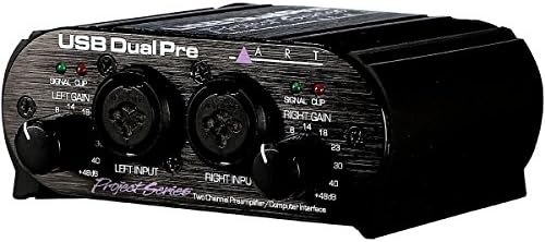 ART USB Dual Pre audio interface top view displaying the rugged black housing and channel signal indicators.