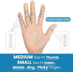 Demonstration of trimming the flexible silicone finger caps with scissors for a custom fit.