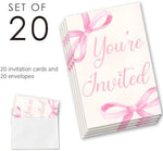 Close up view of the fill in the blank lines on the pink bow invitation cards