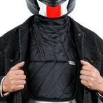 Fleece lined motorcycle chest and neck protector showing interior warmth layer