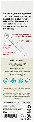 Radius Totz Plus green and yellow toothbrush for kids 18 months and up with non-slip handle.
