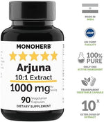 Side angle of Monoherb Arjuna extract 90 vegetarian capsules bottle detailing the 10:1 concentration ratio.