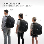 Adidas premium travel daypack angled view highlighting the five zippered storage compartments.