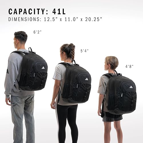 Adidas premium travel daypack angled view highlighting the five zippered storage compartments.