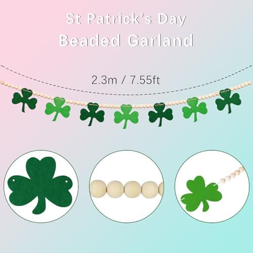 Detail shot highlighting the texture of the green felt clovers and smooth wood beads on the holiday decoration.