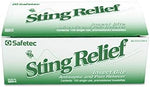 Individually wrapped insect bite relief towelettes spread out next to packaging.