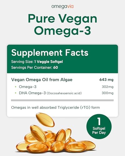 OmegaVia Vegan Omega 3 supplement bottle with IAOS certification logo