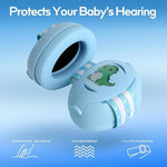 Infant wearing adjustable blue Floriogra ear protection