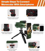ASxmhGo green high-definition monocular with smartphone adapter attached to a mobile phone
