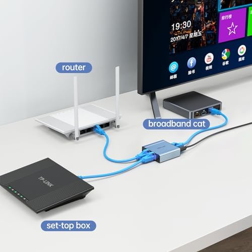 Detailed view of Ethernet splitter ports and LED indicators
