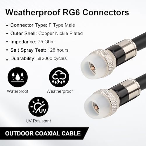 Mookeerf seventy-five Ohm coax cable with weatherproof rubber boot close up