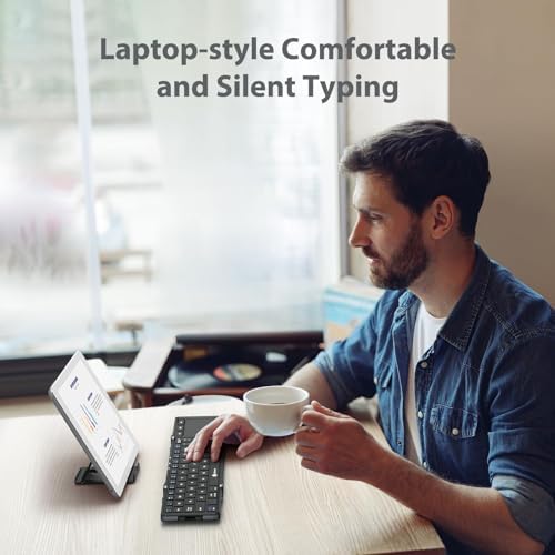 iClever Bluetooth pocket keyboard in semi folded state showing multi angle design.